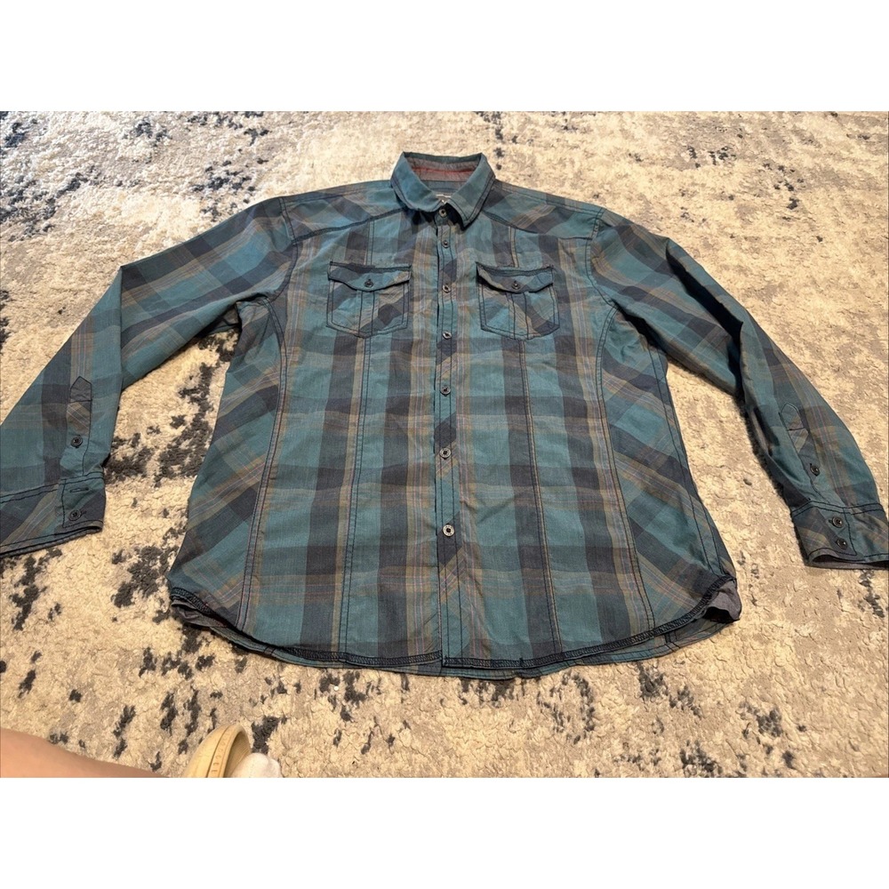 BKE Shirt Mens Sz Large Relaxed Fit Plaid Button Down Western Blue Gray